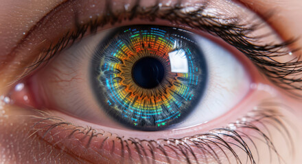 Close-Up of a Human Eye with Digital Circuitry Iris - A Conceptual Image Representing Biometrics, Technology, and the Future of Human Identity