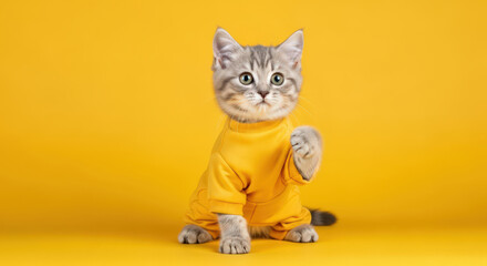 Adorable Kitten in a Yellow Sweatshirt Posing on a Bright Yellow Background Radiating Cheerfulness and Playfulness for Pet Lovers and Animal Enthusiasts