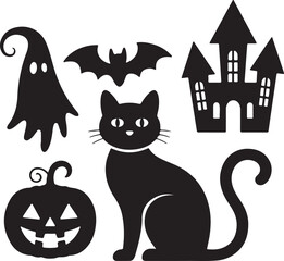 Black Halloween silhouettes featuring cat and pumpkin