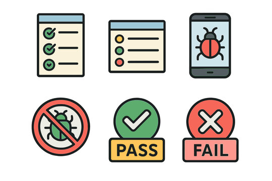 Quality assurance testing icons set with pass fail results, bug fixing, and mobile status indicators