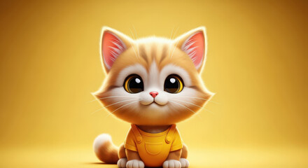 Adorable Cartoon Kitten with Big Eyes and Yellow Overalls A Cute and Playful Character Illustration Perfect for Children's Content and Whimsical Designs