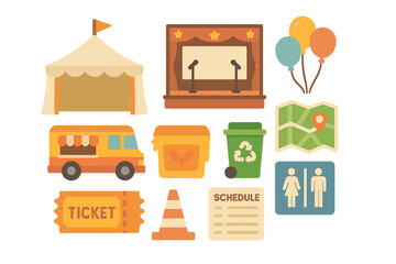 Festival and outdoor event elements including stage, tent, food truck, ticket, and map symbols
