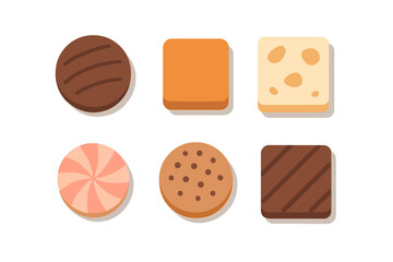 Assortment of baked snacks including chocolate biscuits, square crackers, and sweet peppermint candy