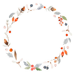 Watercolor Christmas rectangular frame with winter greenery and berries — holiday border for greeting cards and invitations