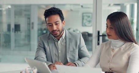 Business, tablet or people with documents in meeting for financial modeling, trend analysis or review. Analyst team, employees and tech at work with budget report, risk management and data comparison - Powered by Adobe