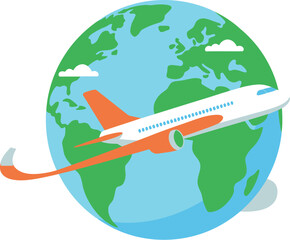 Fototapeta premium An airplane flies around the globe, symbolizing travel and global connectivity.