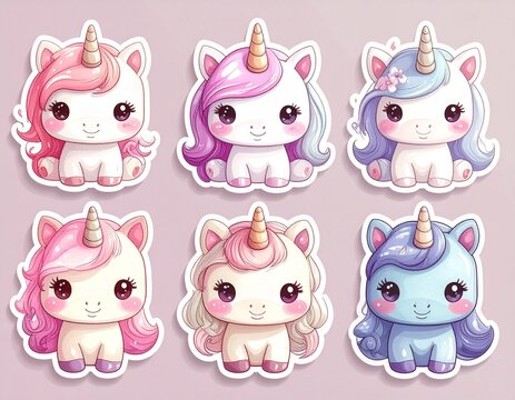 Cute Pastel Unicorn Sticker Set &ndash; Adorable Cartoon Unicorns for Kids and Decoration
