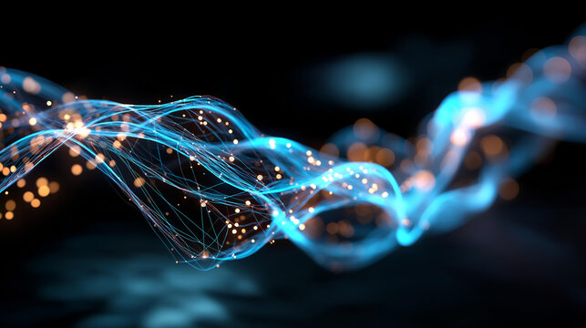 Abstract digital data transfer with blue light streaks and particle dots no faces visible information flow data movement cyber highway digital transmission network traffic - Powered by Adobe