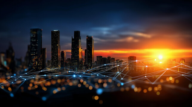 City skyline with digital network grid showing telecommunications infrastructure no faces visible telecom network urban grid city infrastructure communication network digital - Powered by Adobe