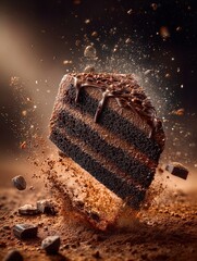 ultra-realistic macro photo of chocolate cake slice with dripping ganache – perfect for sports interior posters, capturing dynamic motion and luxurious texture in stunning detail.
