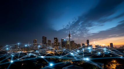 City skyline with digital network grid showing telecommunications infrastructure no faces visible telecom network urban grid city infrastructure communication network digital