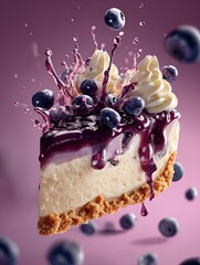 ultra realistic macro photo of blueberry cheesecake slice: perfect for sporty interior posters, showcasing glossy toppings, cream swirls, and bursting berry juice in cinematic lighting!