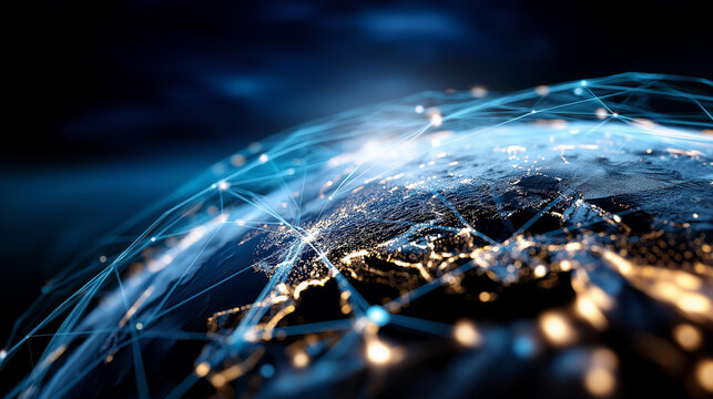 Glowing data points on Earth globe showing global connectivity and communication no people visible global network Earth connectivity worldwide communication international