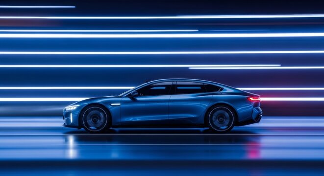 Futuristic blue electric car speeding through neon light tunnel