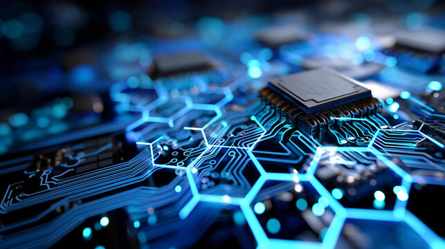 Abstract circuit board pattern with hexagonal shapes and digital connections no people visible geometric circuitry tech pattern electronic design digital hardware