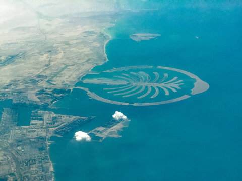 Aerial landscape view of the coastline of Dubai with Canal District - United Arab Emirates - aerial photograph of the Palm Jebel Ali only sparsely built-up