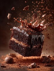 ultra-realistic macro photo of chocolate cake slice with dripping ganache – perfect for sports interior posters, capturing dynamic motion and luxurious texture in stunning detail.