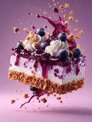 ultra realistic macro photo of blueberry cheesecake slice: perfect for sporty interior posters, showcasing glossy toppings, cream swirls, and bursting berry juice in cinematic lighting!
