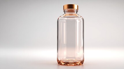 A modern glass bottle stands alone showcasing its transparent design and shiny cap.