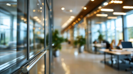 Blurred modern office interior with glass walls and natural lighting no faces clearly visible corporate environment office blur business interior professional space workplace
