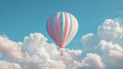 Naklejka premium A vibrant hot air balloon floats serenely above soft clouds on a sunny day creating a joyful sight.