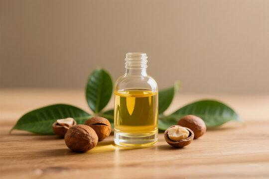 kukui nut oil in a bottle, with kukui nut and green leaves