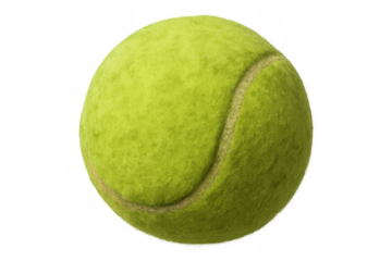 Tennis ball, bright yellow-green, features a fuzzy texture and white seam, isolated on a transparent background