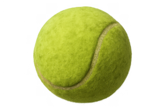 Tennis ball, bright yellow-green, features a fuzzy texture and white seam, isolated on a transparent background