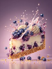 ultra realistic macro photo of blueberry cheesecake slice: perfect for sporty interior posters, showcasing glossy toppings, cream swirls, and bursting berry juice in cinematic lighting!