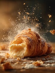 ultra-realistic macro photo of a freshly baked croissant: perfect for a cozy kitchen or rustic café poster, featuring warm butter, melting texture, and cinematic morning light