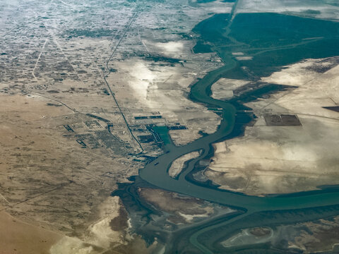 aerial landscape view of area around Umm Qasr, a port city located at Khawr Abd Allah estuary in southern Iraq in the border region with Kuwait 
