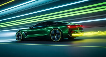 Obraz premium High-speed green electric sports car in neon light tunnel