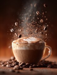 ultra realistic macro photo of freshly brewed cappuccino with milk foam art - perfect for café posters, coffee shop decor, or cozy interior spaces in warm brown tones with cinematic lighting.