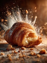 ultra-realistic macro photo of a freshly baked croissant: perfect for a cozy kitchen or rustic café poster, featuring warm butter, melting texture, and cinematic morning light