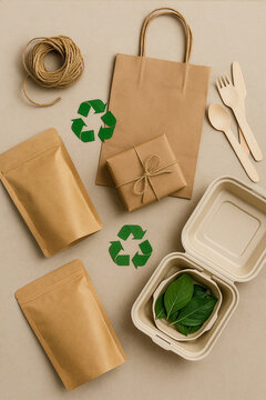 Eco-friendly recyclable paper packaging &mdash; sustainable zero-waste product containers on neutral background