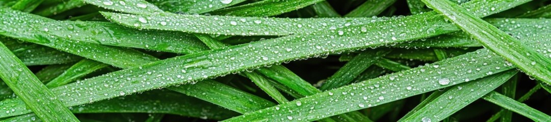 Close up view of lush green grass blades covered in numerous small water droplets