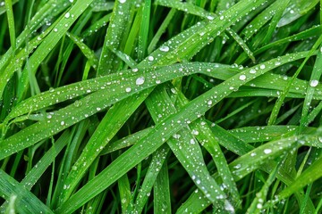 Close up view of vibrant green grass blades adorned with numerous glistening water droplets after rainfall