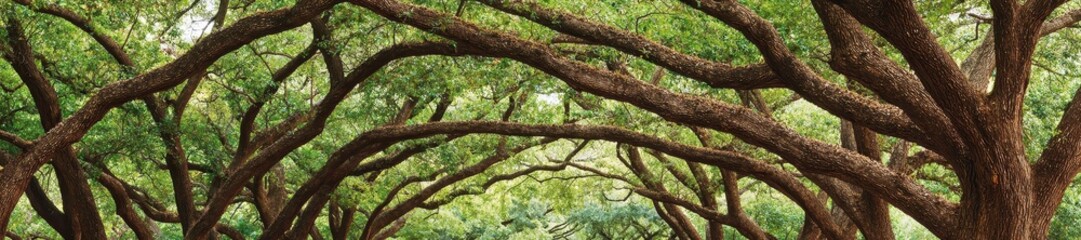 Obraz premium Extensive ancient oak trees with thick spreading branches creating a natural canopy