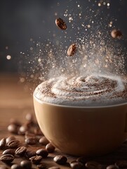 ultra realistic macro photo of freshly brewed cappuccino with milk foam art - perfect for café posters, coffee shop decor, or cozy interior spaces in warm brown tones with cinematic lighting.
