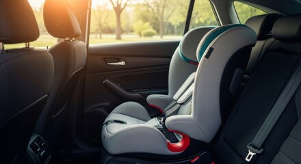 Child safety car seat in modern vehicle interior for safe family