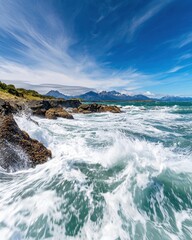 Fototapeta premium Crashing turquoise ocean waves against rocky shoreline with distant snow capped mountains under a dramatic cloudy sky
