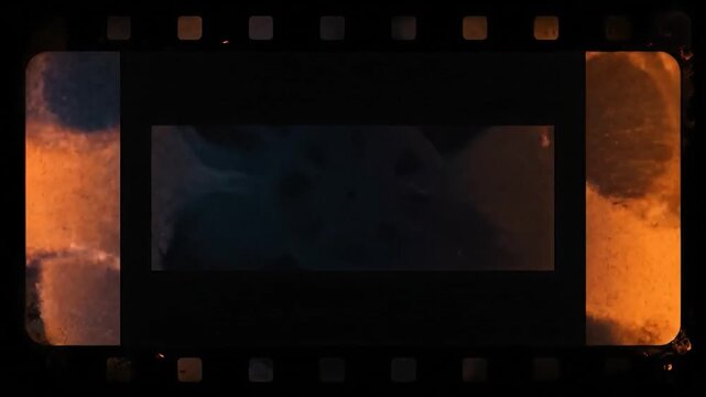 A vintage filmstrip with two orange tinted frames surrounding a dark blurry central portion