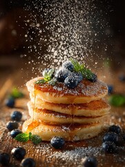 delicious pancake stack with dripping honey and blueberries: a stunning ultra-realistic macro photo perfect for sporting interiors or breakfast-themed posters in warm morning tones!