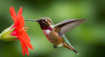 Naklejka premium Hummingbird Sipping Nectar from Red Flower