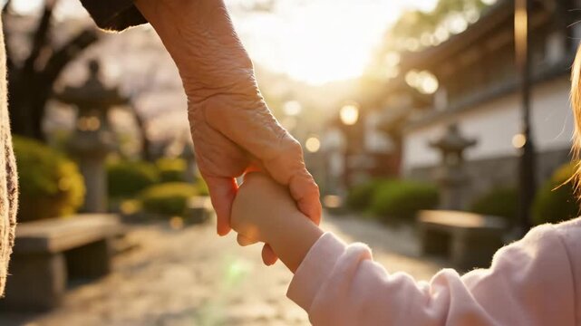 An elderly grandparent holds a young child's hand. Walking together in a park at sunset. The bond between generations and family care concept