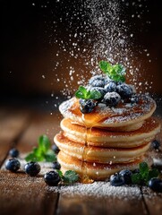 delicious pancake stack with dripping honey and blueberries: a stunning ultra-realistic macro photo perfect for sporting interiors or breakfast-themed posters in warm morning tones!
