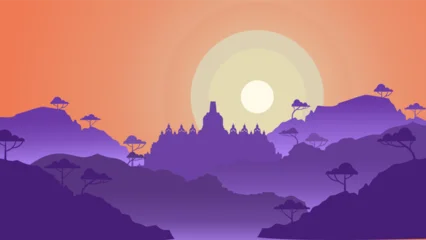 Fototapete Rund Warmes Lila Borobudur landscape flat illustration  © Arif Wijanarko