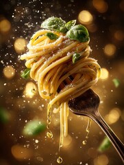 delicious ultra realistic macro photo of spaghetti twirled on a fork with parmesan and basil - perfect as a culinary poster for your italian-inspired kitchen or sports bar interior!