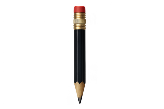Black pencil with red rubber end, sharp graphite tip, school and office supply on transparent background
