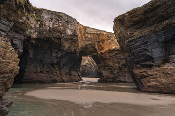 Beach of the Cathedrals view at sunset. Seascape. Lugo. Galicia. Spain